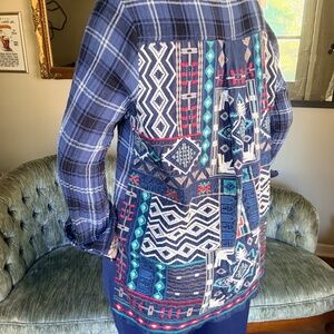Johnny Was Workshop embroidered silk back plaid patchwork shirt Large boho